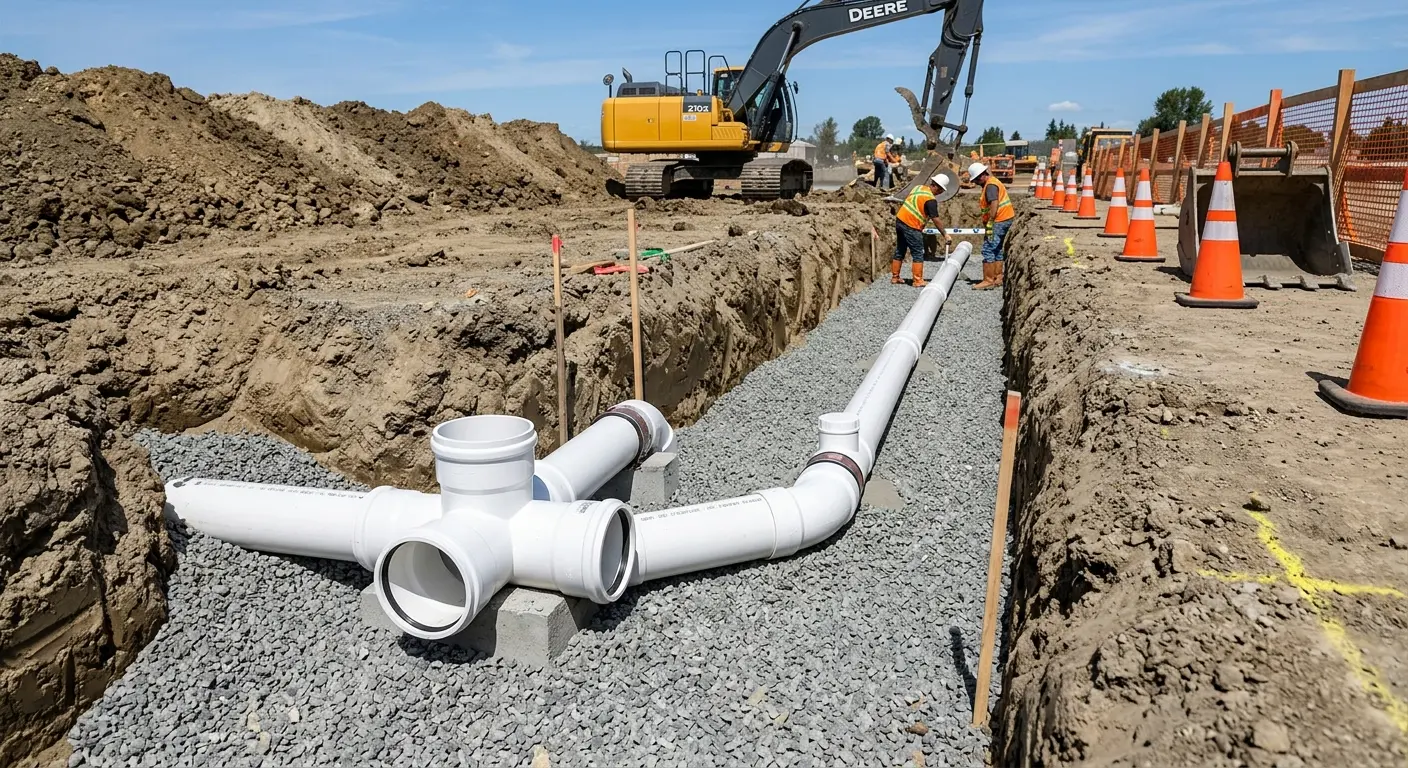New PVC sewer pipe installation in open trench for Commercial Drain Cleaning in Hoffman Estates