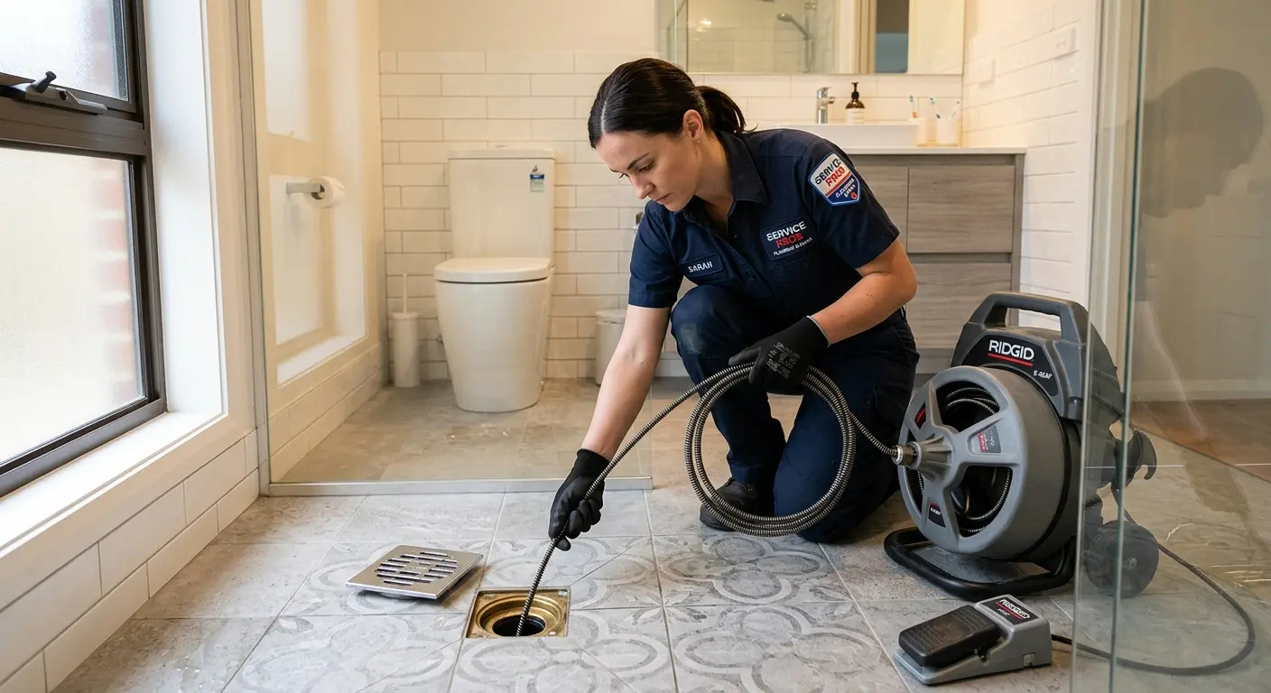 Technician clearing a bathroom floor drain for Clogged Drain Repair in Hoffman Estates